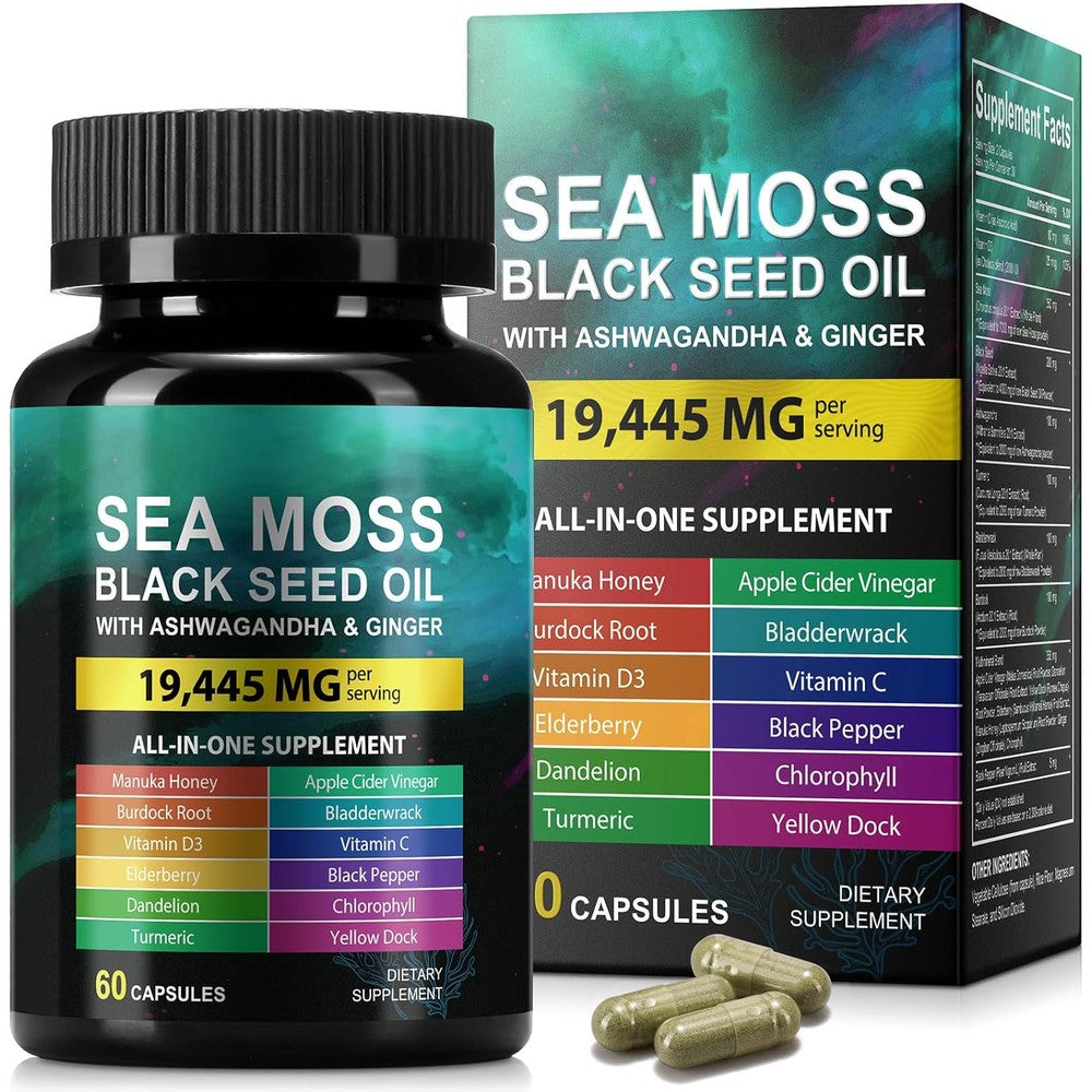 Huyehf sea moss black seed oil capsules front view bottle