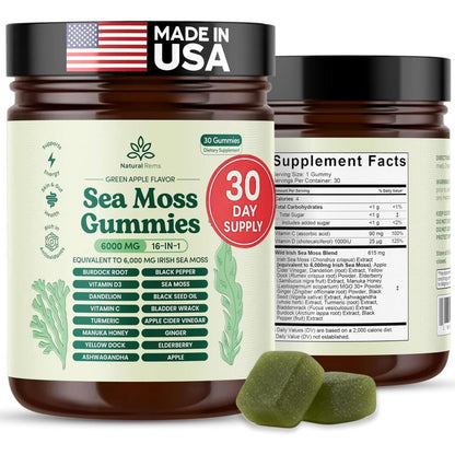 Natural Rems Sea Moss Gummies 16-in-1 front view with green apple flavor