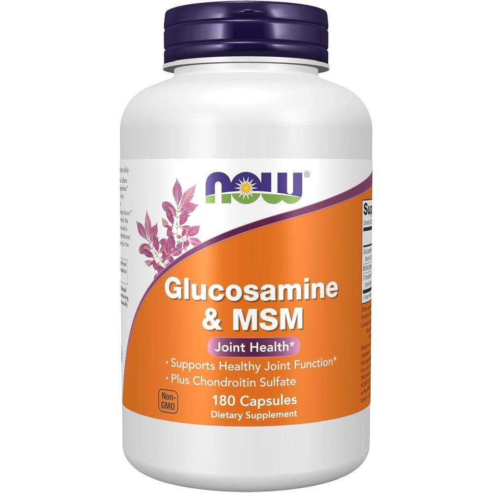 NOW Foods Glucosamine and MSM 180 Veg Capsules front label for joint health