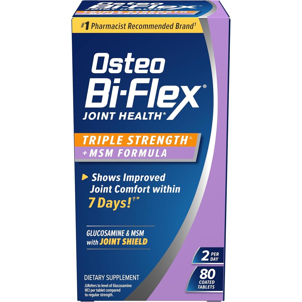 Osteo Bi-Flex Triple Strength 80 tablets front bottle view showing joint health benefits.