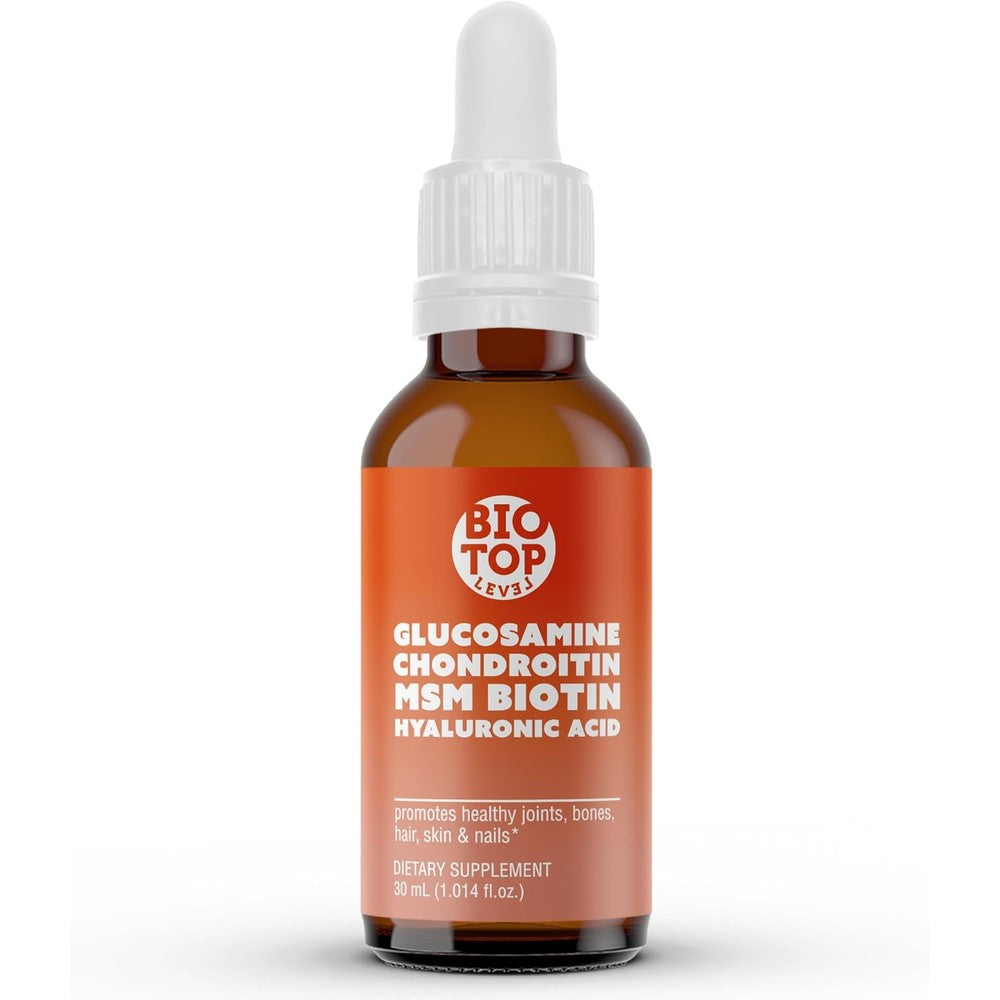 BIOTOPLEVEL Liquid Glucosamine Chondroitin bottle front view for joint support.
