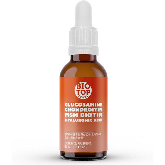 BIOTOPLEVEL Liquid Glucosamine Chondroitin bottle front view for joint support.
