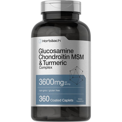 Horbäach Glucosamine Chondroitin MSM 360 caplets front view bottle for joint support.