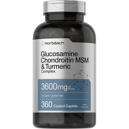 Horbäach Glucosamine Chondroitin MSM 360 caplets front view bottle for joint support.