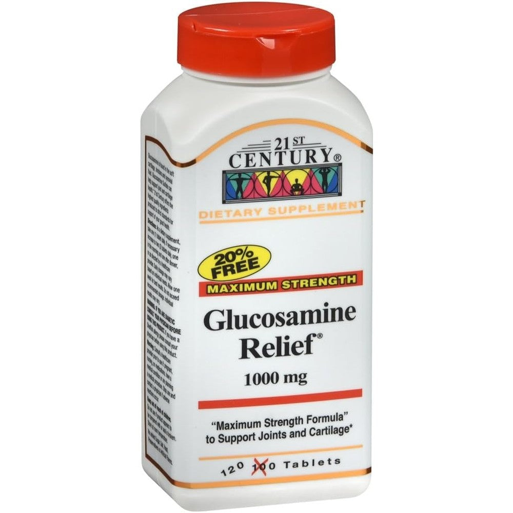 21st Century Glucosamine Joint Pain Relief 1000mg 120 tablets front view bottle showing dietary supplement facts for cartilage health.