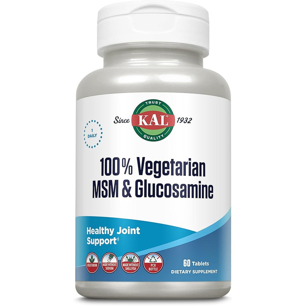 KAL 100 Percent Vegetarian Glucosamine And MSM Joint Support supplement front view bottle