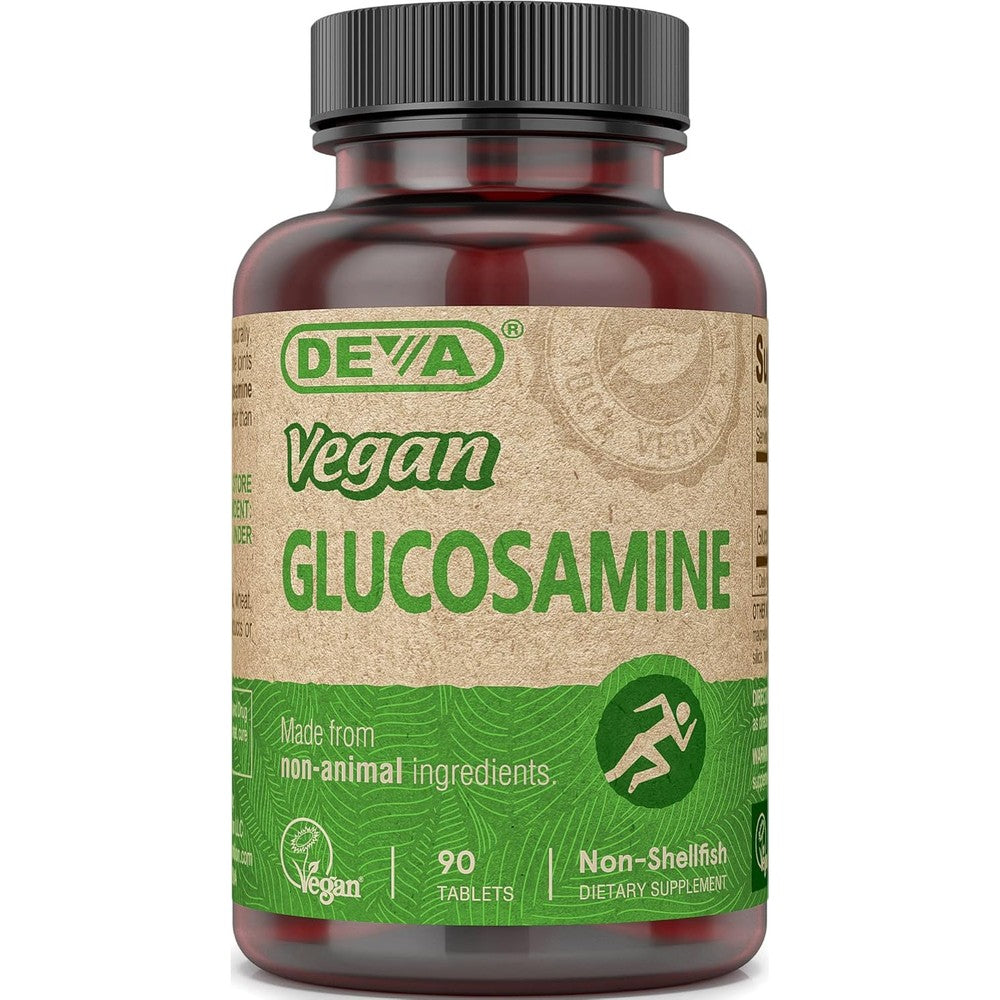 DEVA Vegan Vitamins Glucosamine Tablets 90 count front view bottle showing joint support benefits