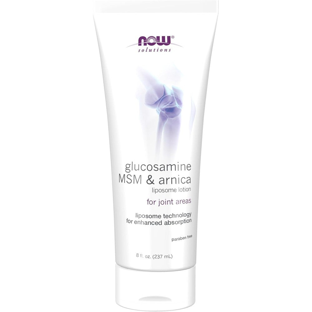 Now Foods Solutions Glucosamine MSM and Arnica Liposome Lotion front view packaging for joint support.