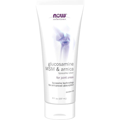 Now Foods Solutions Glucosamine MSM and Arnica Liposome Lotion front view packaging for joint support.