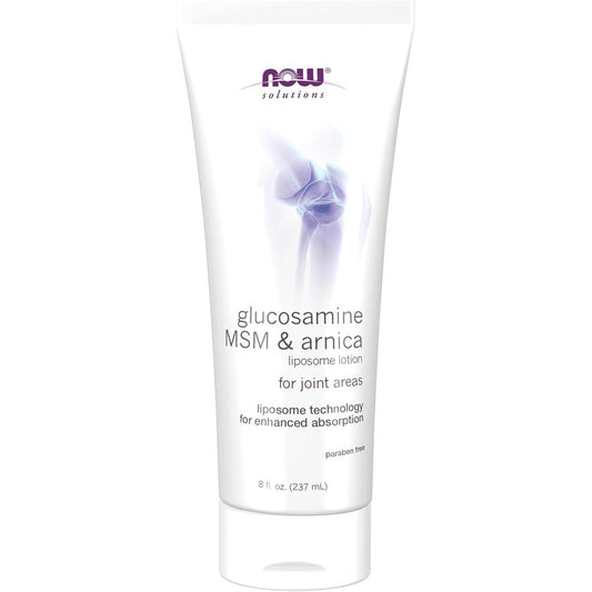 Now Foods Solutions Glucosamine MSM and Arnica Liposome Lotion front view packaging for joint support.