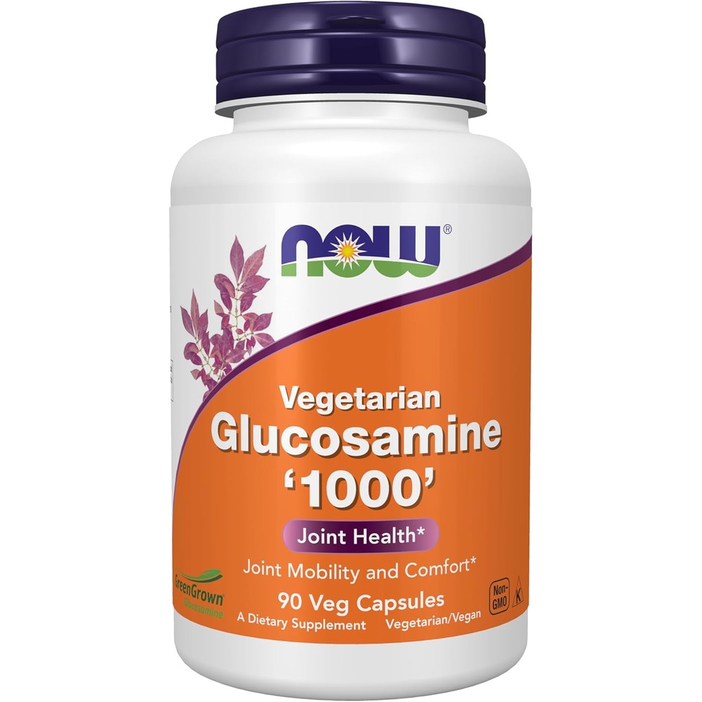 NOW Foods GreenGrown Glucosamine 1000mg 90 vegetarian capsules front label view for joint health