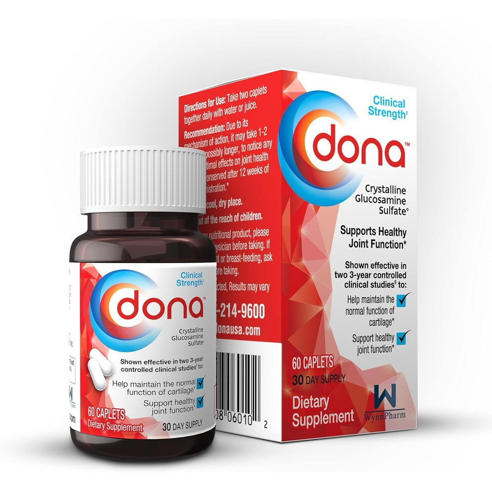 Dona Crystalline Glucosamine Sulfate 60 caplets bottle front view showing joint health supplement packaging.