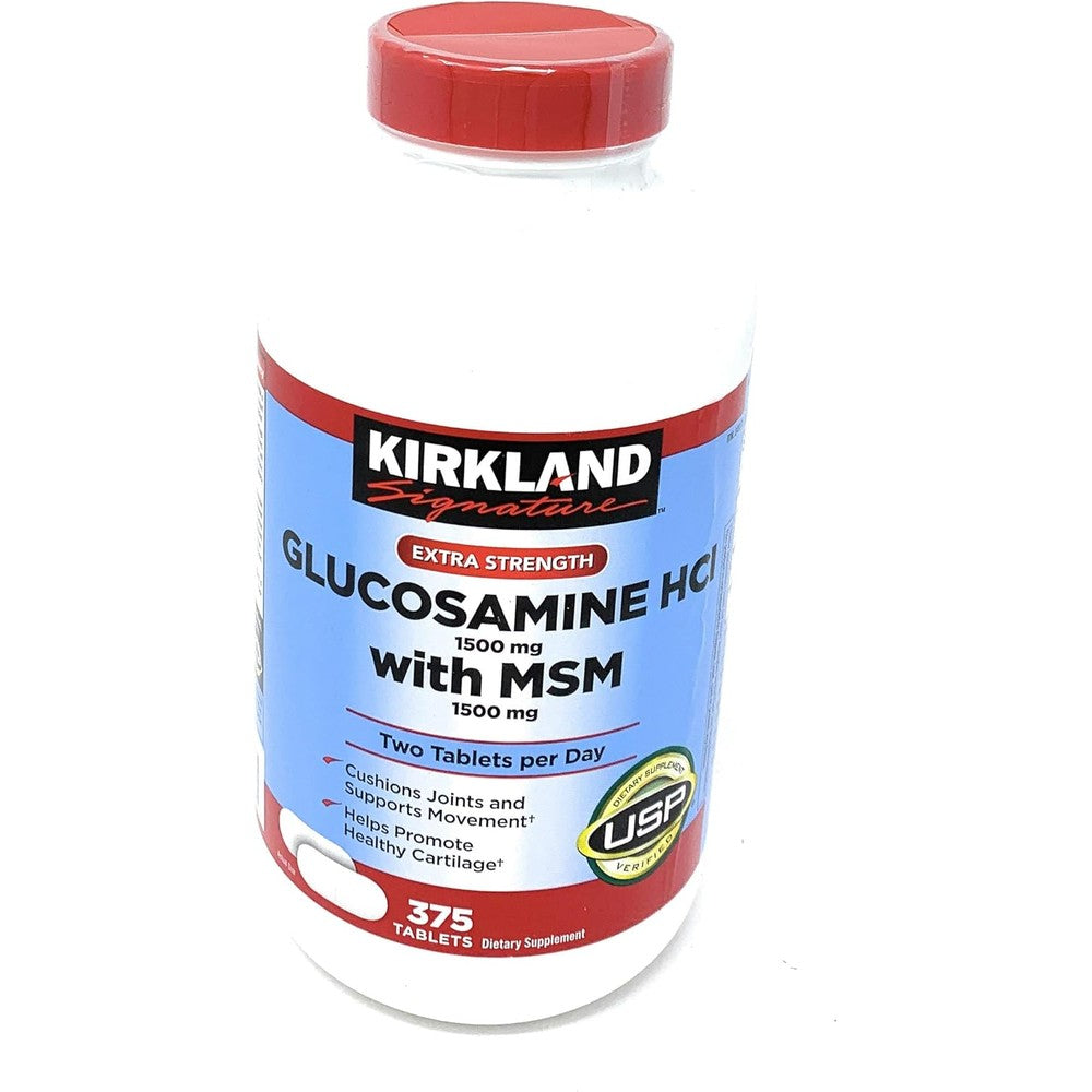Kirkland Signature Extra Strength Glucosamine Hydrochloride 1500mg with MSM front bottle view joint health supplement