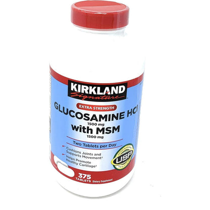 Kirkland Signature Extra Strength Glucosamine Hydrochloride 1500mg with MSM front bottle view joint health supplement
