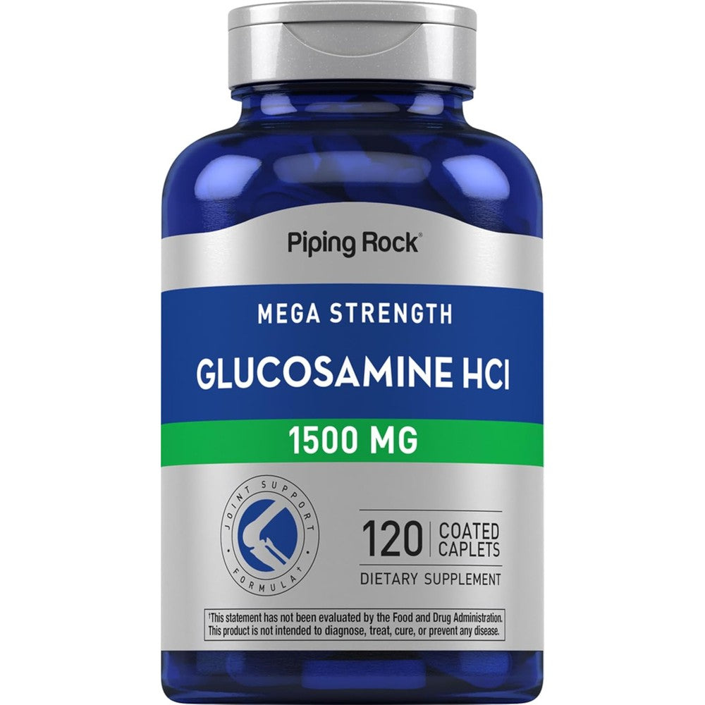 Piping Rock Glucosamine HCL 1500mg front bottle label displaying joint support supplement benefits.