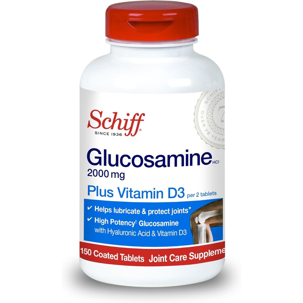 Schiff Glucosamine 2000mg with Vitamin D3 and Hyaluronic Acid 150 tablets front bottle view joint supplement