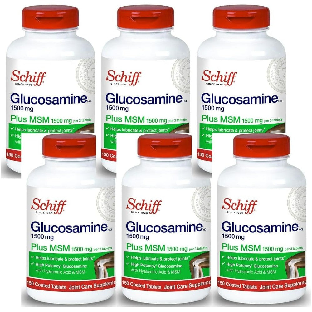 Schiff Glucosamine 1500mg Plus MSM and Hyaluronic Acid 150 tablets front bottle view joint health supplement