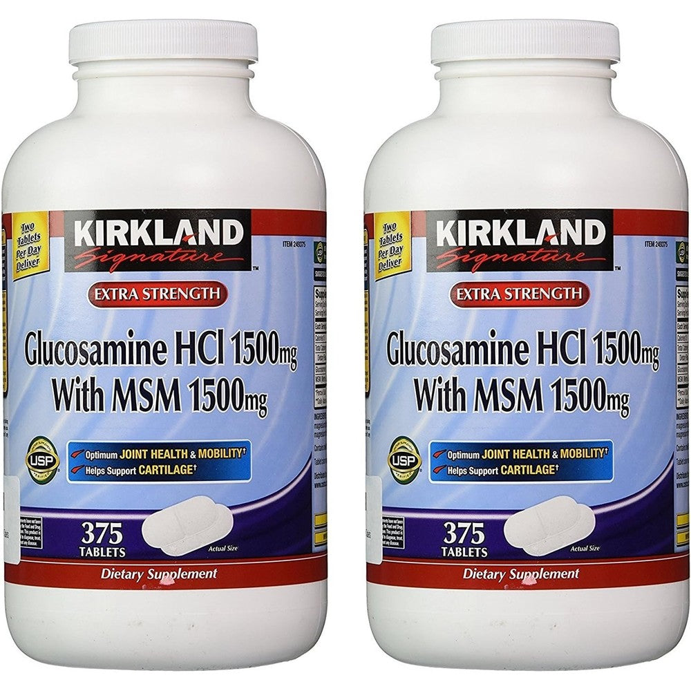 Kirkland Signature Extra Strength Glucosamine Hydrochloride and MSM front view bottle showing joint health supplement label