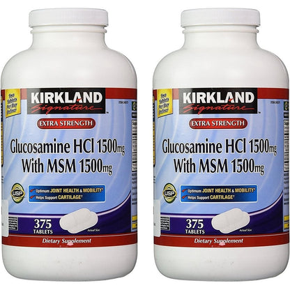 Kirkland Signature Extra Strength Glucosamine Hydrochloride and MSM front view bottle showing joint health supplement label