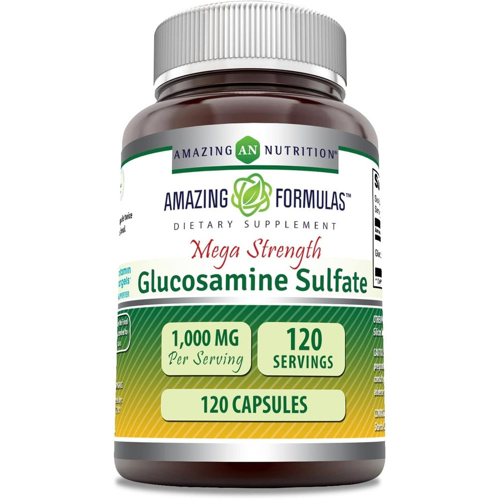 Amazing Nutrition Amazing Formulas Mega Strength Glucosamine Sulfate 1000mg 120 Capsules front bottle view for authentic joint support supplement