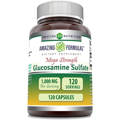 Amazing Nutrition Amazing Formulas Mega Strength Glucosamine Sulfate 1000mg 120 Capsules front bottle view for authentic joint support supplement