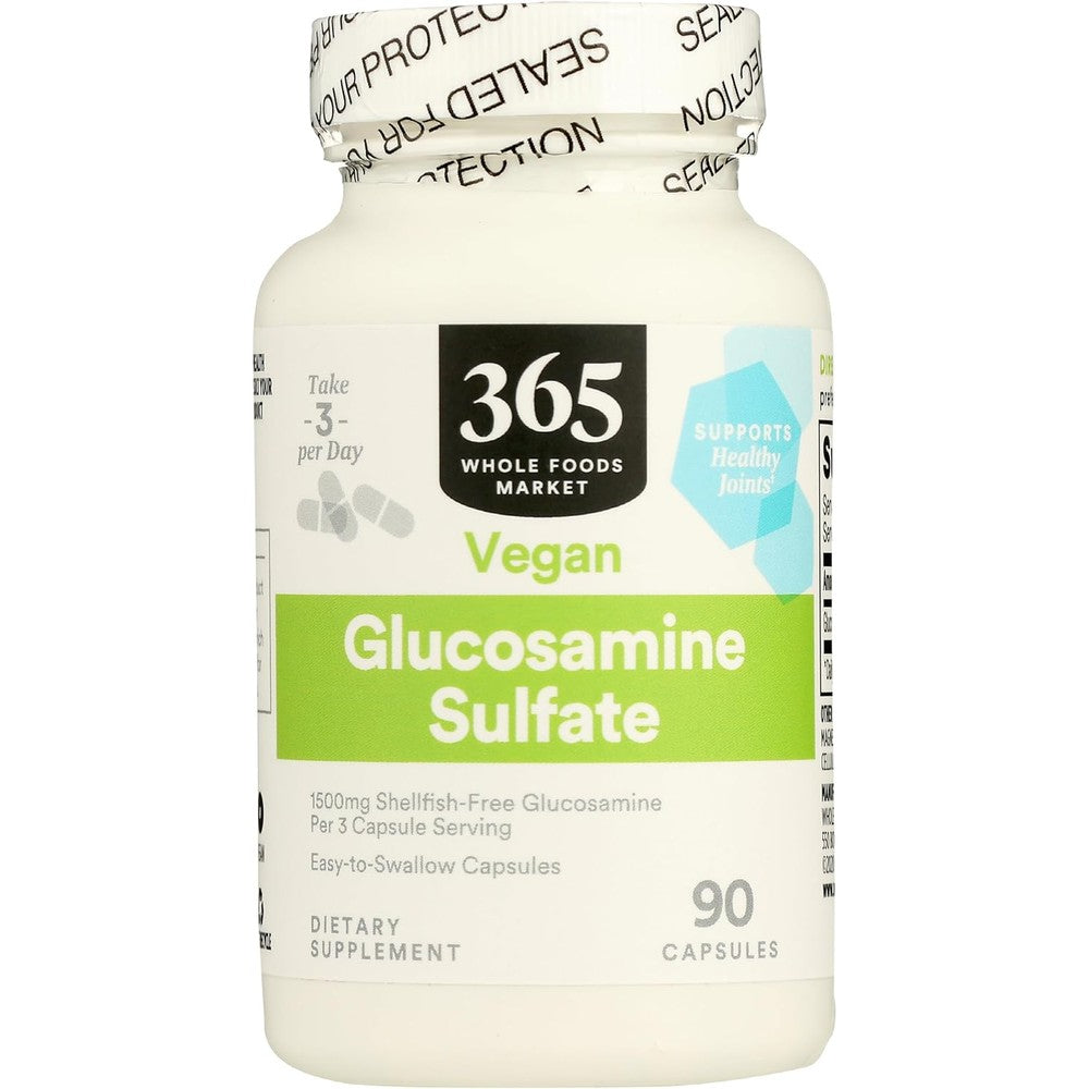 365 by Whole Foods Market Vegan Glucosamine Sulfate 90 capsules bottle front view showing joint support benefits.