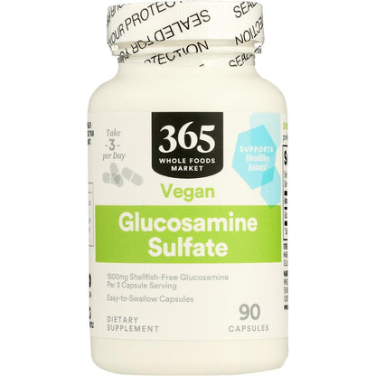 365 by Whole Foods Market Vegan Glucosamine Sulfate 90 capsules bottle front view showing joint support benefits.