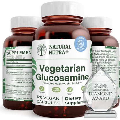 Natural Nutra Vegan Glucosamine Hydrochloride front bottle view for joint support supplement.