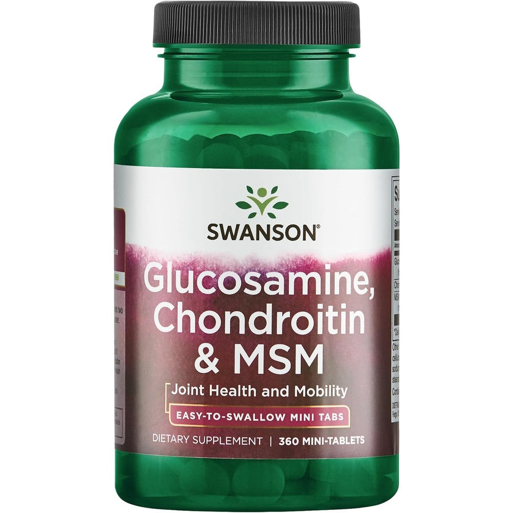 Swanson Glucosamine Chondroitin and MSM 360 Mini Tablets front view bottle for joint health support.