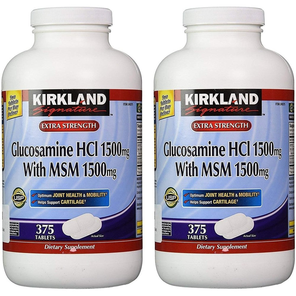 Kirkland Signature Extra Strength Glucosamine HCI 1500mg and MSM 1500mg front view of twin pack bottles for joint health support