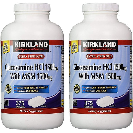 Kirkland Signature Extra Strength Glucosamine HCI 1500mg and MSM 1500mg front view of twin pack bottles for joint health support