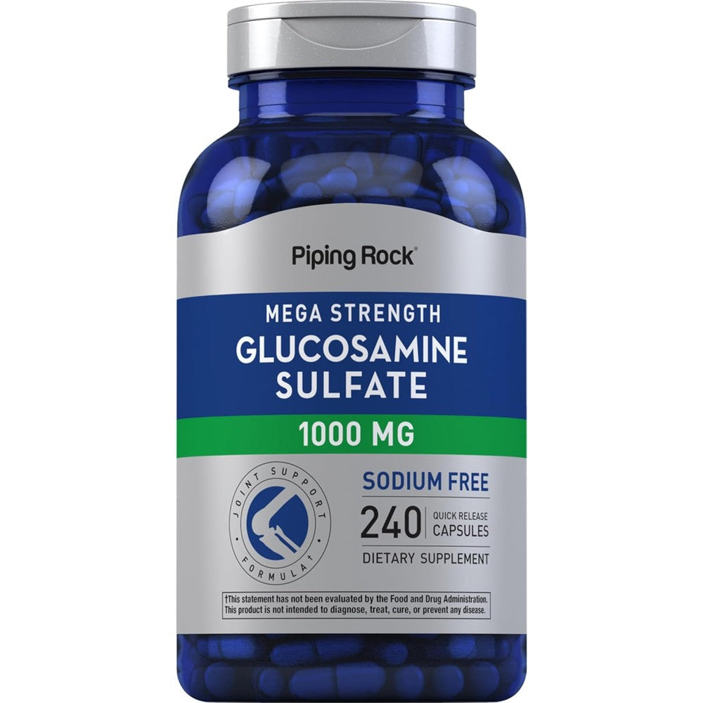 Piping Rock Glucosamine Sulfate Mega Strength Joint Support front view bottle showcasing supplement packaging facts