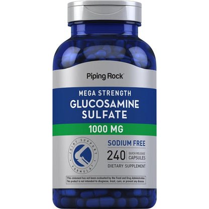 Piping Rock Glucosamine Sulfate Mega Strength Joint Support front view bottle showcasing supplement packaging facts