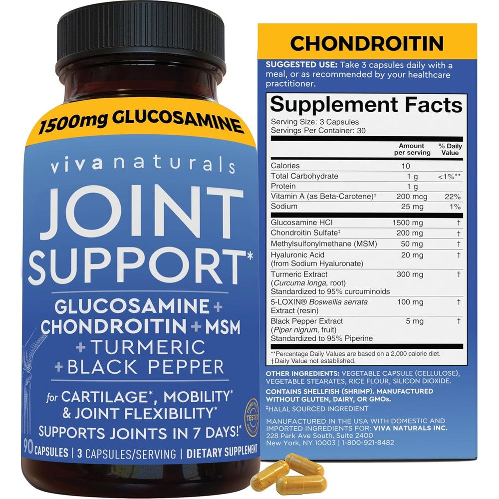 Viva Naturals Glucosamine Chondroitin MSM Joint Support 90 Capsules bottle front view