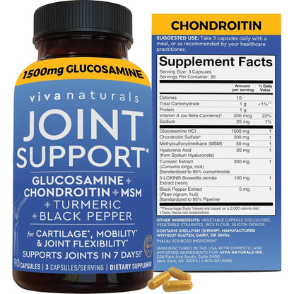 Viva Naturals Glucosamine Chondroitin MSM Joint Support 90 Capsules bottle front view