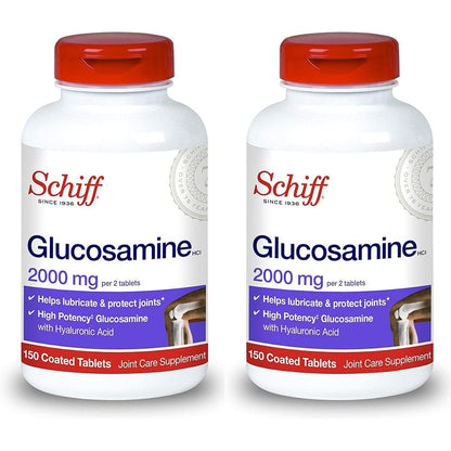 Schiff Glucosamine with Hyaluronic Acid joint care supplement front view of two bottles packaging