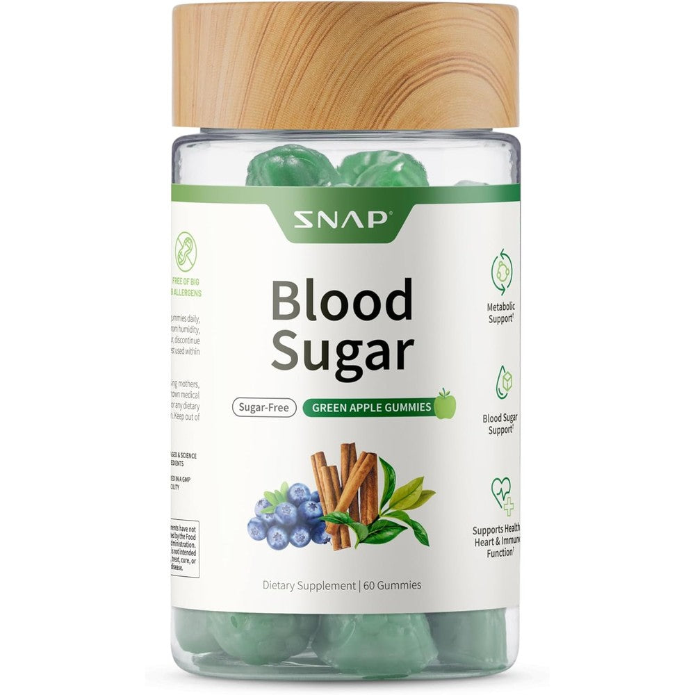 Snap Supplements Blood Sugar Support 60 Gummies front bottle view showcasing green apple flavor.