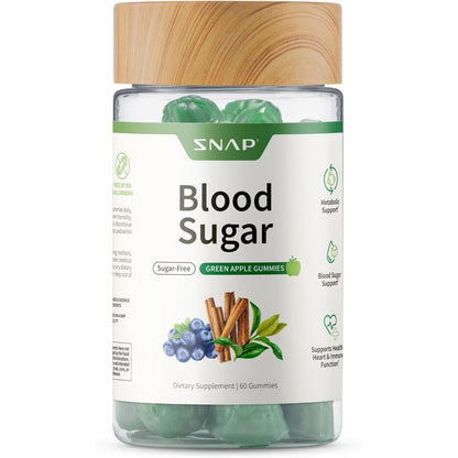 Snap Supplements Blood Sugar Support 60 Gummies front bottle view showcasing green apple flavor.