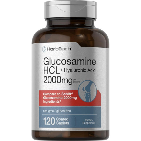 Horbäach Glucosamine HCL with Hyaluronic Acid 120 caplets front bottle view for joint health support