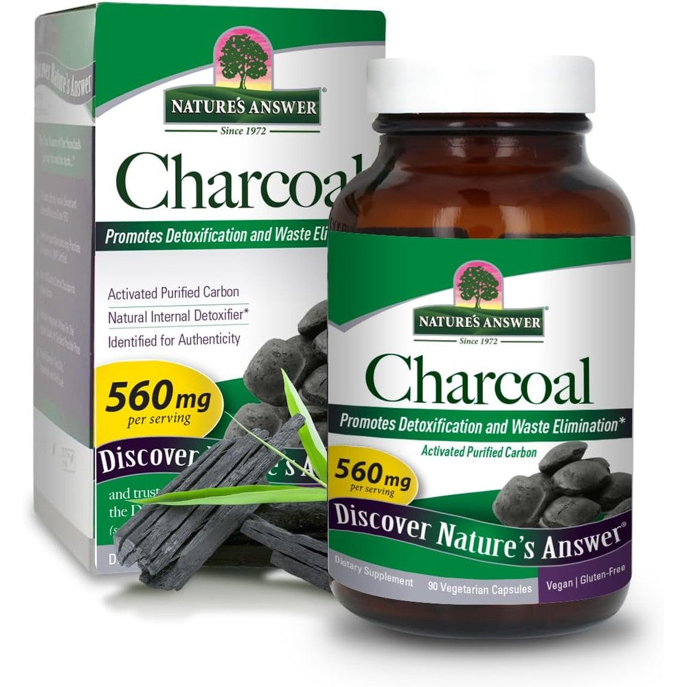 Nature's Answer Activated Charcoal 90 vegetarian capsules front bottle view for natural detoxification.
