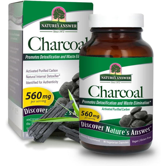 Nature's Answer Activated Charcoal 90 vegetarian capsules front bottle view for natural detoxification.