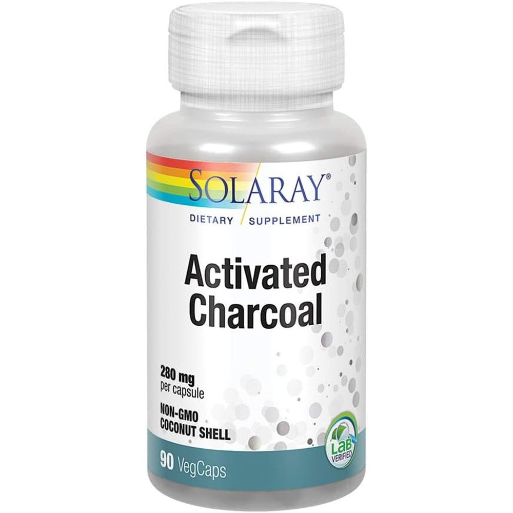 Solaray Activated Charcoal 90 vegetarian capsules front view for digestive cleansing.