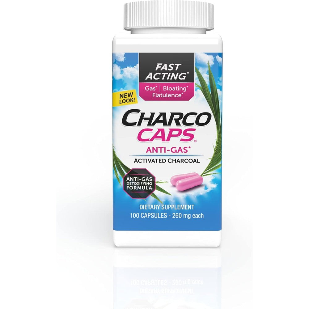 Charcocaps Fast Acting Gas Relief 100 capsules front bottle view