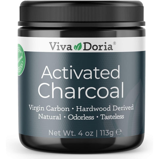 Viva Doria Natural Activated Charcoal Powder four ounce front view jar for natural teeth whitening
