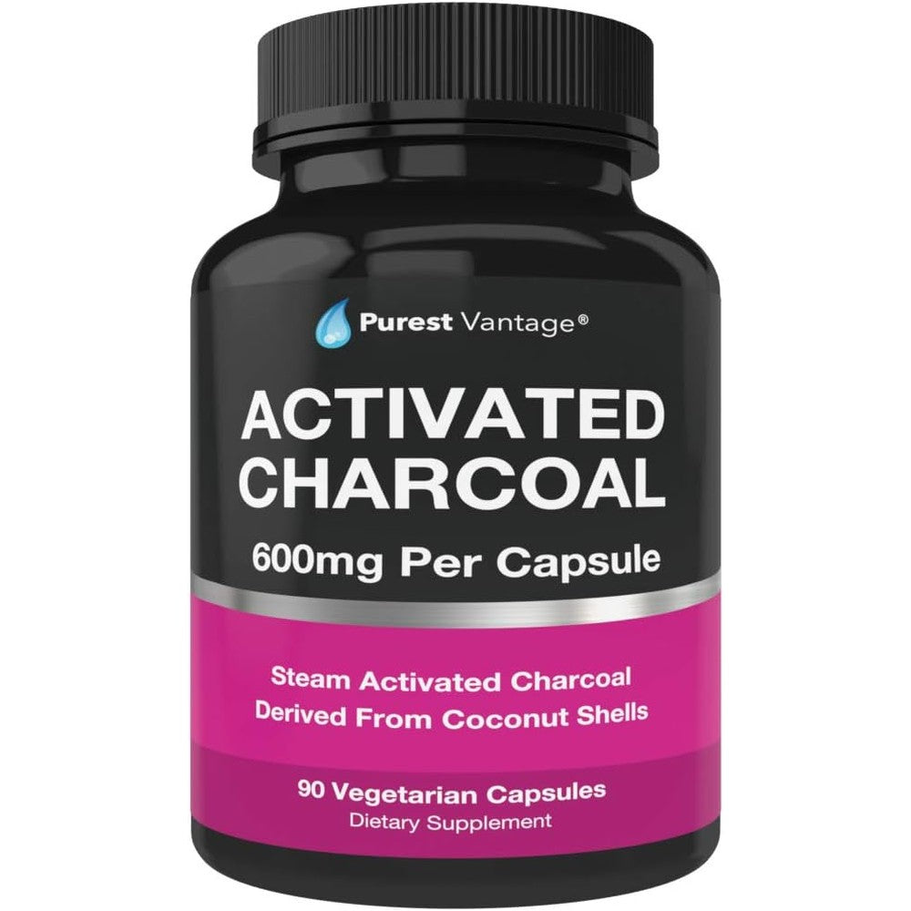 Purest Vantage Activated Charcoal 90 capsules front view bottle for bloating relief