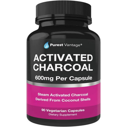 Purest Vantage Activated Charcoal 90 capsules front view bottle for bloating relief