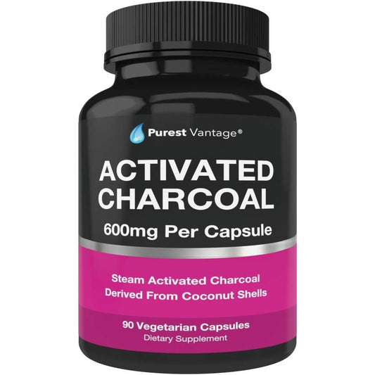 Purest Vantage Activated Charcoal 90 capsules front view bottle for bloating relief