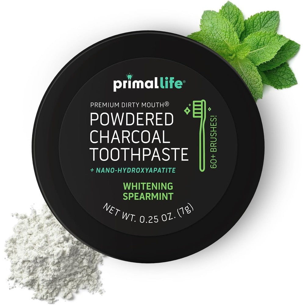 Primal Life Organics Dirty Mouth Toothpowder Black Spearmint front packaging view for premium charcoal teeth whitening
