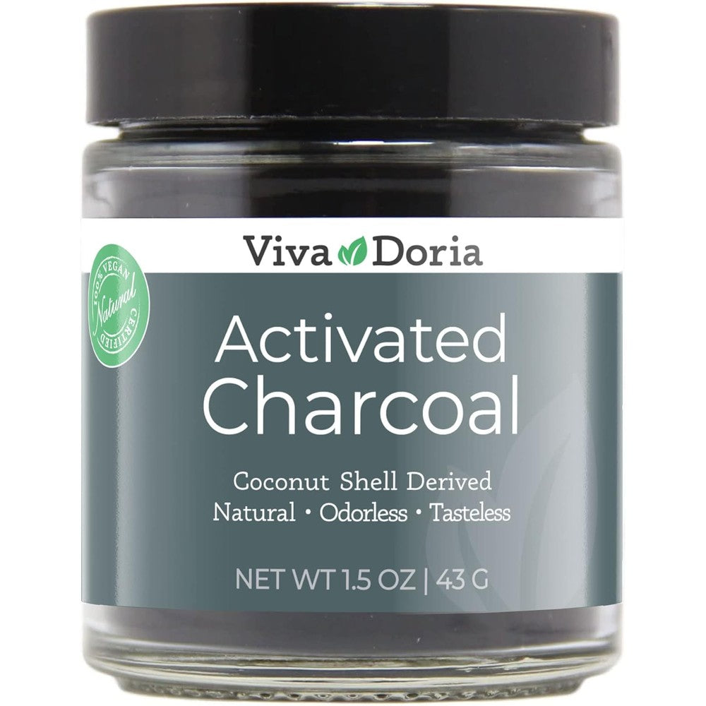 Viva Doria Virgin Activated Charcoal Powder 1.5 Ounce glass jar front view showing food grade coconut shell source