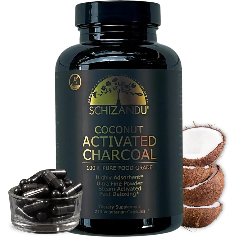 Schizandu Activated Coconut Charcoal Capsules front view bottle